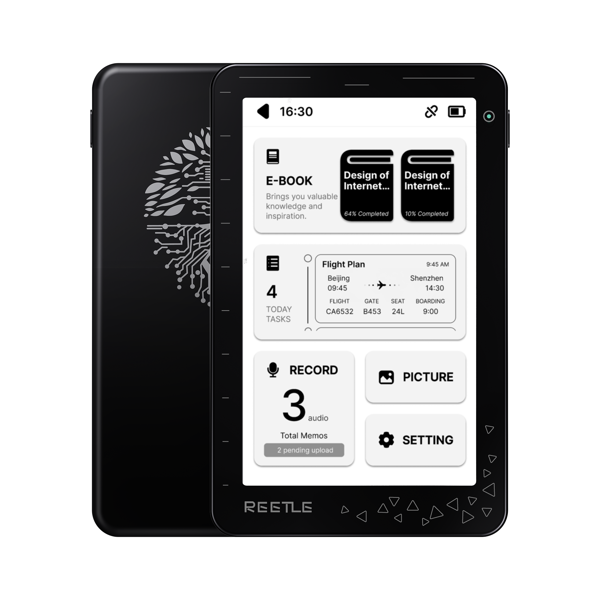 Front and back of the Reetle E-Ink hub in Slate Black. The back is etched with a tree-of-life circuit pattern. The front shows the home grid: e-book, flight plan, today tasks, record, picture, and settings.