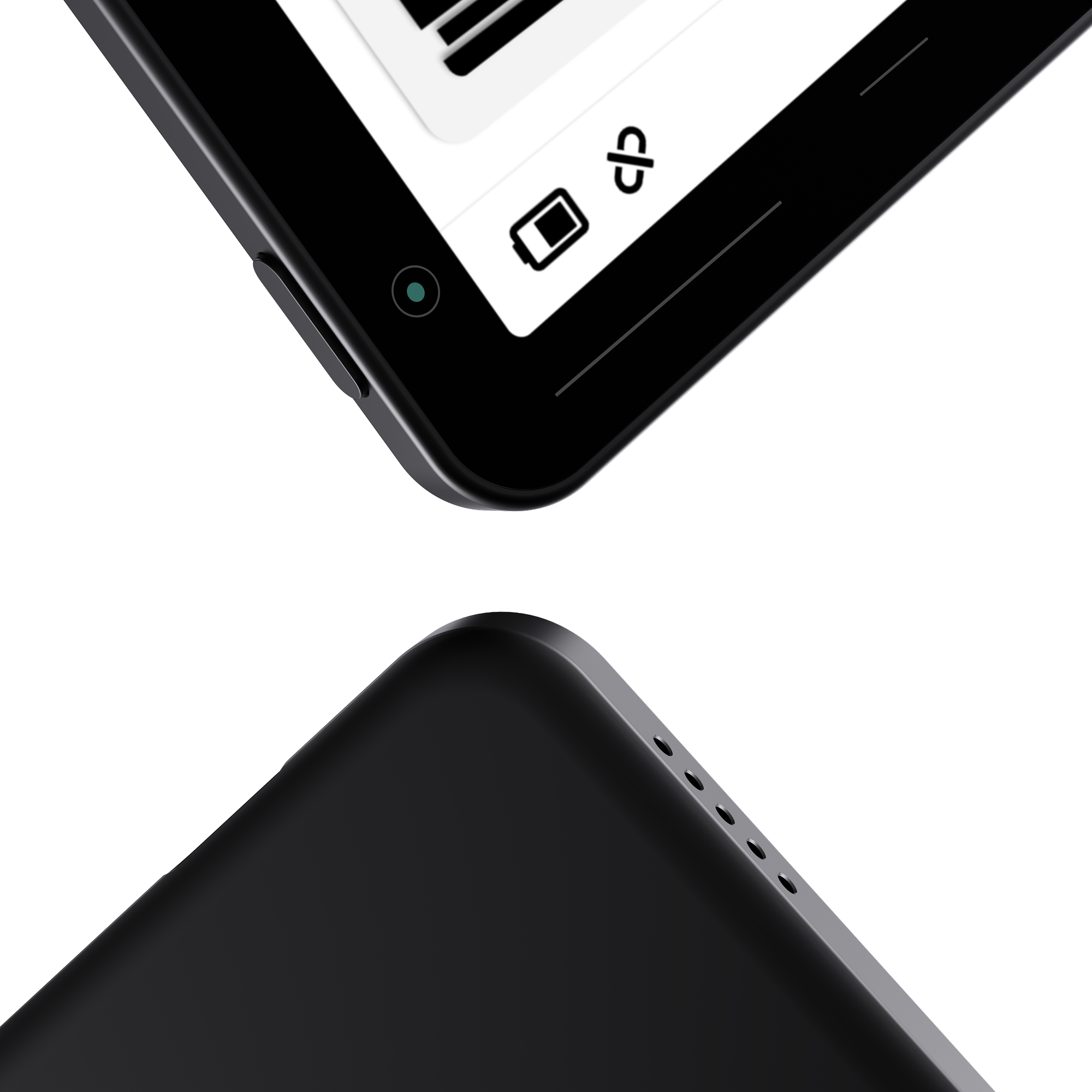 Two close-up photographs: the side button and USB-C port at one corner of the Reetle hub, and the speaker grille at the bottom edge.