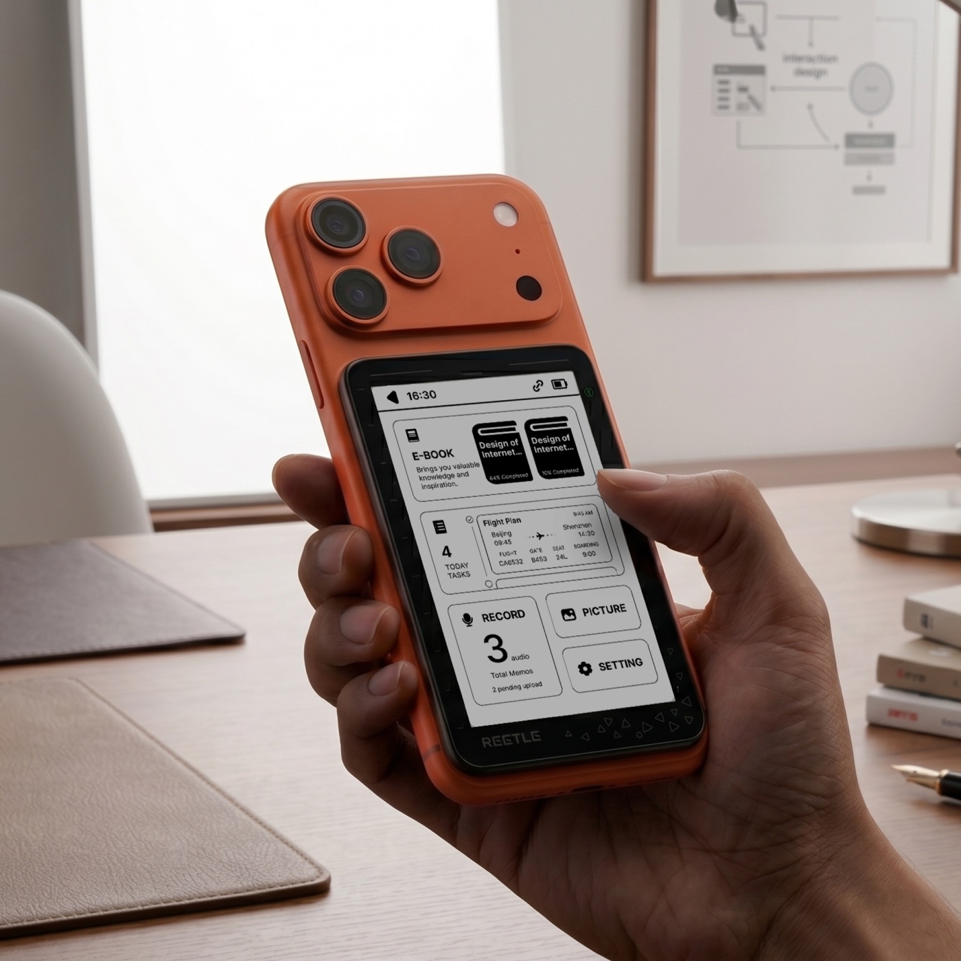 The Reetle E-Ink hub in Sunset Orange, snapped onto an iPhone, held in hand on a warm wood desk. The hub's display shows an e-book widget, a flight plan, today's tasks, a record button, a picture viewer, and a settings tile.