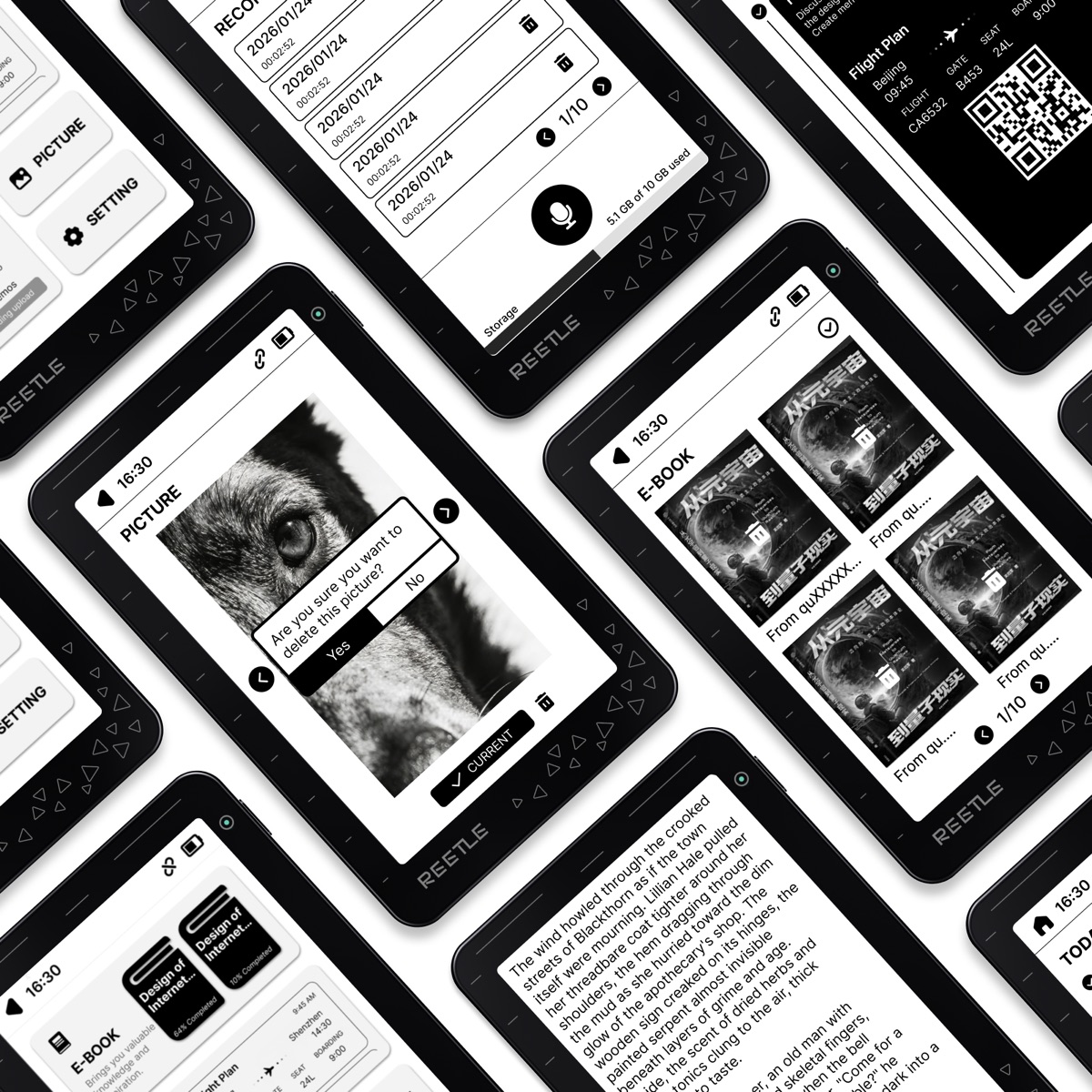 The Reetle E-Ink dashboard on the back of a phone, showing recordings and today's task list.