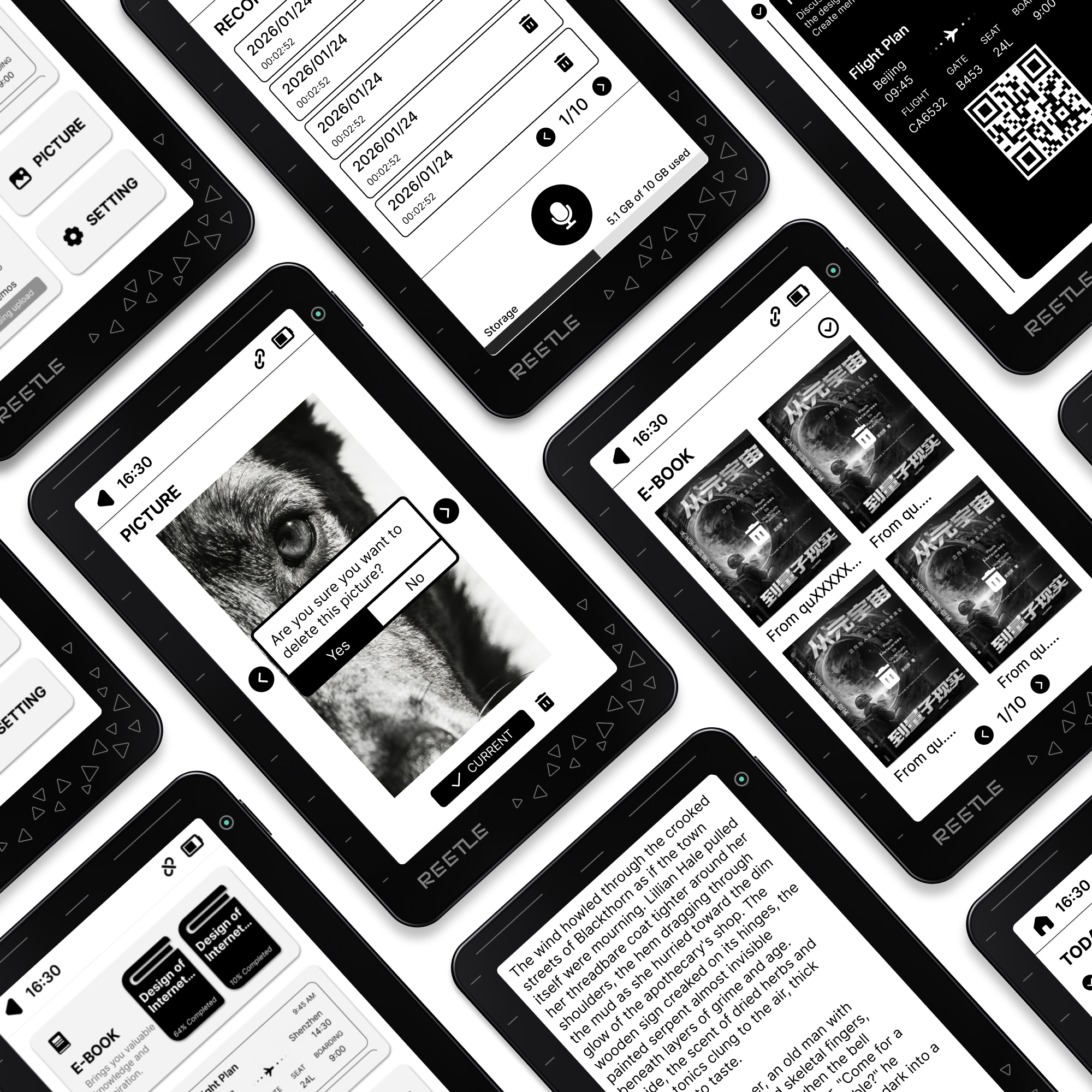 A collage of Reetle E-Ink hub screens showing recording lists, picture viewer with a delete confirmation, e-book reader pages, a flight plan with a boarding QR, and the home tile grid.