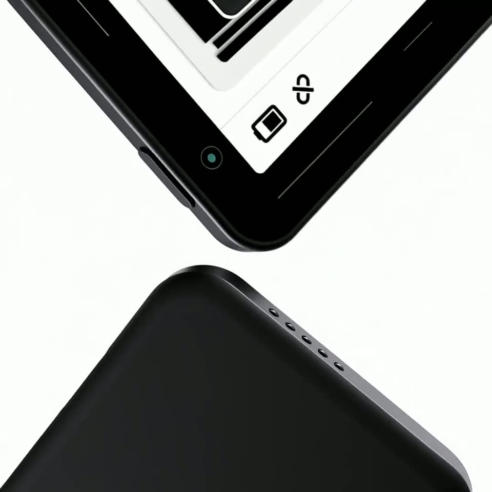 The Reetle shell rotating slowly, tempered glass over a layered buffer with the screen recessed below the frame edge.